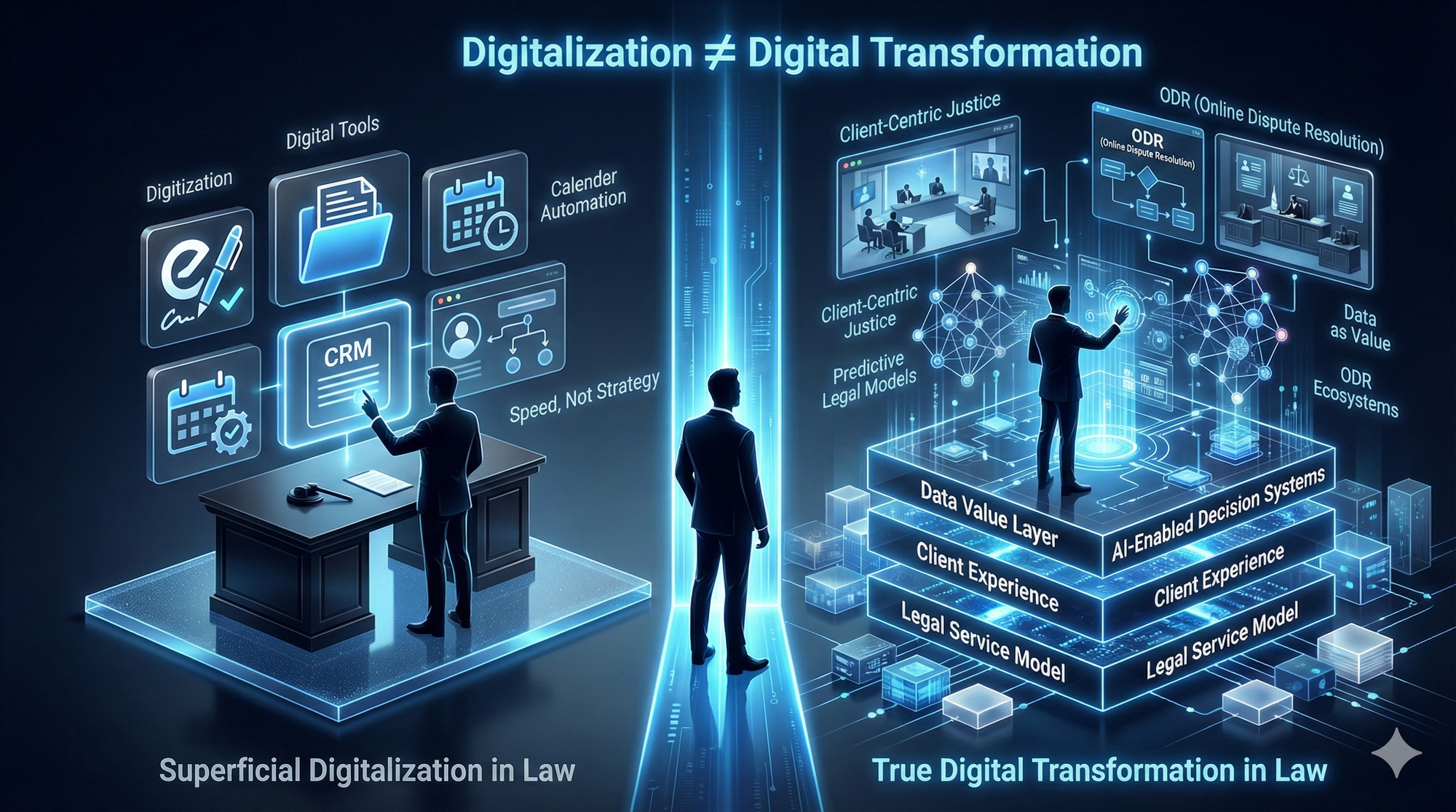 "Hukuk sektöründe basit araç kullanımına dayalı yüzeysel dijitalleşmeyi, yapay zeka ve veri destekli, derinlemesine dijital dönüşümden ayıran görsel bir karşılaştırma."