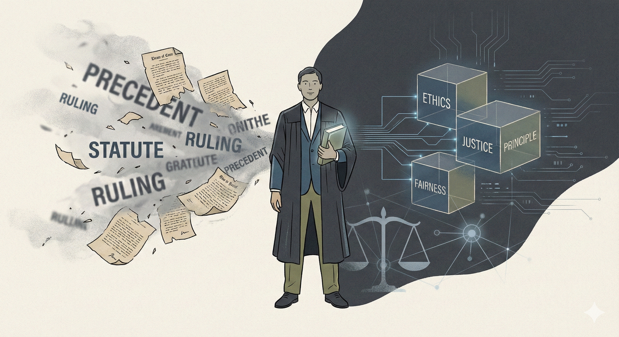 Modern çağda hukukun geleneksel metinlerden etik ve ilkelere dayalı teknoloji destekli bir sisteme dönüşümünü simgeleyen bir editoryal illüstrasyon.