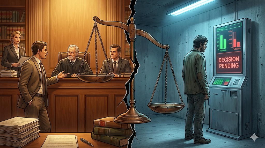 Taraflı Adalet Riski, hukuk devletine büyük yaralar açarı gösteren bir tarafta yoksul bir insanın hukuk hizmeti almaya çalıştığı resim, diğer tarafta zengin bir insanın aldığı hukuk hizmeti