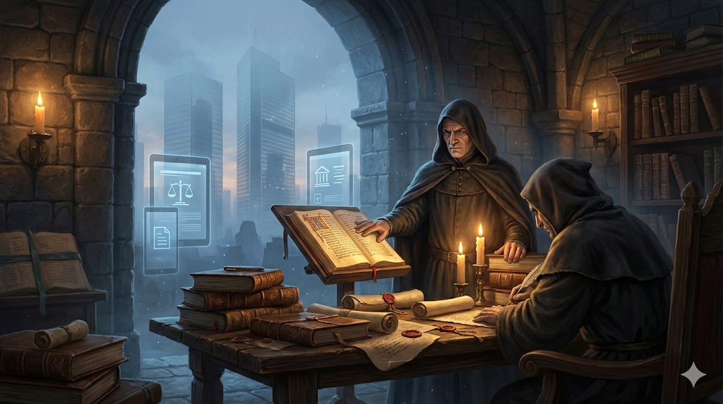 Hukuk çok eski çağlardan beridir sürdürdüğü "Lonca" yapısına dair bir gösterim. Kapıda modern hukuk içeride ise geleneksel hukuk birbirine bakıyor.