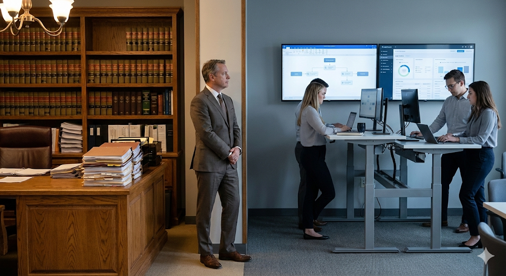 Geleneksel ve modern hukuk bürosu ortamları arasında duran bir avukat, meslekteki dijital dönüşümü simgeliyor.