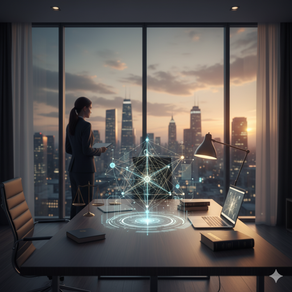 Gün batımında modern bir şehir manzarasına bakan, masasında parlayan dijital bir pusula bulunan minimalist bir hukuk bürosunda duran avukat.