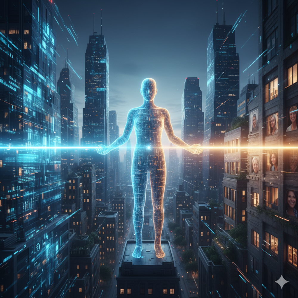 İnsanlık ve teknolojinin birleştiği fütüristik bir şehir manzarasında, parlayan bir insan figürü dijital veri akışları ve insan yüzlerinin yer aldığı iki zıt dünya arasında duruyor.