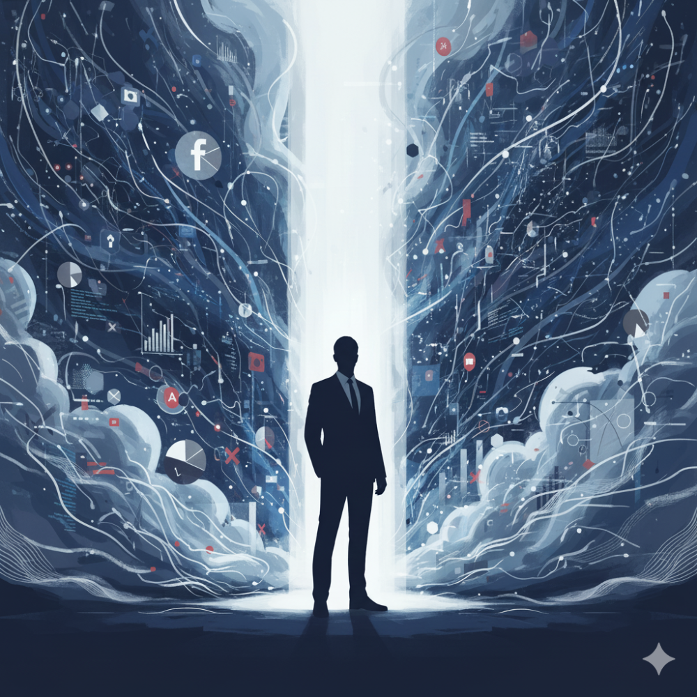 Ortada sakin bir şekilde duran modern bir girişimcinin siluetini betimleyen, minimalist ve sinematik bir dijital illüstrasyon. Figür, yukarıdan aşağıya uzanan yumuşak, dikey bir beyaz ışık huzmesiyle aydınlatılmıştır. Etrafını saran soyut bir dijital fırtına; ışık izleri, geometrik desenler ve veri benzeri parçacıklardan oluşur. Soğuk tonlarda, lacivert ve çelik gri renk paleti kullanılır. Bu sahne, kaosun ortasındaki berraklığı ve farkındalığı temsil eder.