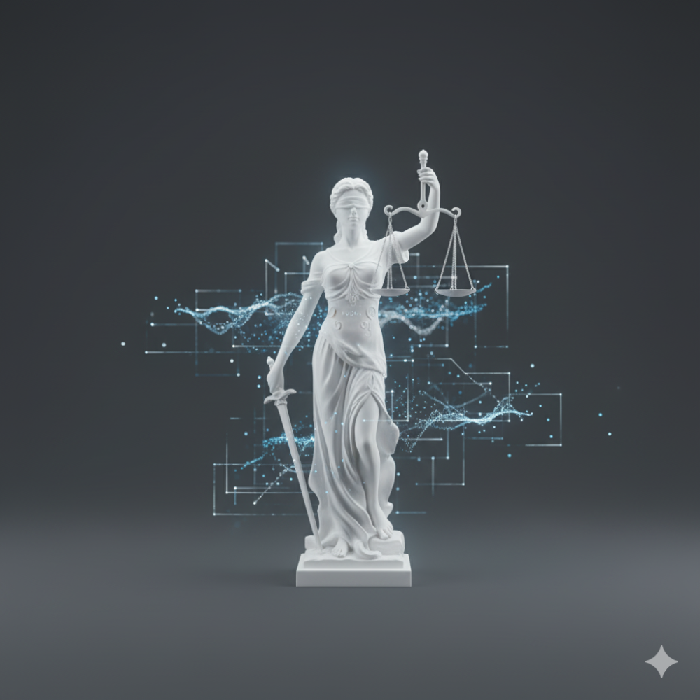 Sakin bir Hukuk Tanrıçası heykeli, onu çevreleyen ve yapay zeka ile uyumu simgeleyen ince dijital ışık dalgaları ve parçacıklarla, mavi ve gümüş tonlarda minimalist bir tarzda tasvir edilmiştir.