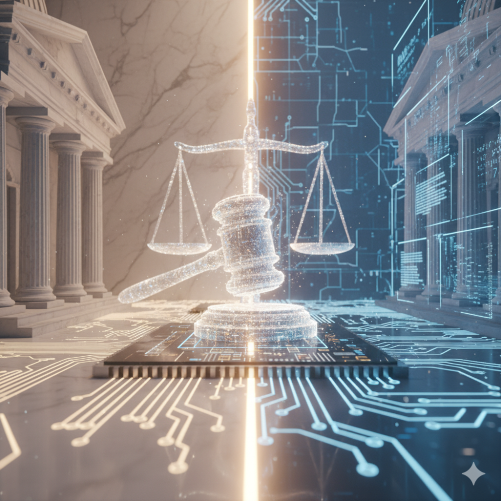 Hukuk ve teknolojinin kesişimini simgeleyen, devre kartı zemin üzerinde duran, ışık ve veri akışlarından oluşan parlayan dijital bir tokmak ve terazi.