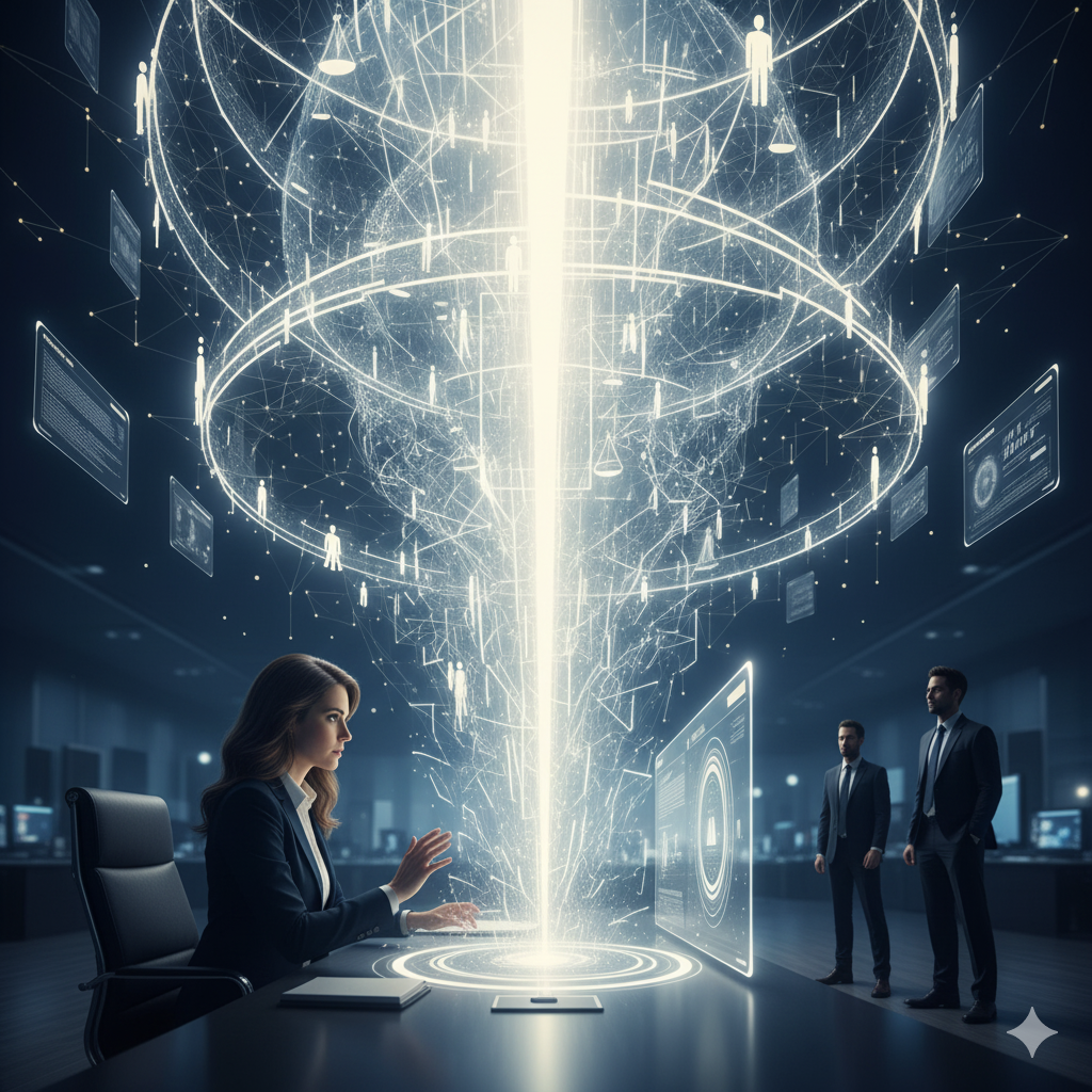 Sembolik, metinsiz bir dijital sanat eseri. Masasında oturan bir kadın avukat, elini parlak bir dijital arayüzün üzerinde tutuyor. Ekrandan yayılan altın rengi bir ışık dışarıya doğru genişleyerek devasa, birbirine bağlı küresel bir ışık yolu ağına dönüşüyor. Arka planda, kurucuların soyut, silüet halindeki figürleri, avukatın geri bildiriminin başlattığı bu ağın insanlar ve veriler arasında bir köprü kurmasını izliyor. Sahne, derin mavi, fildişi beyazı ve altın rengi vurgulardan oluşan bir paletle ve sinematik bir tarzda işbirliğini ve insan odaklı ilerlemeyi çağrıştırıyor.