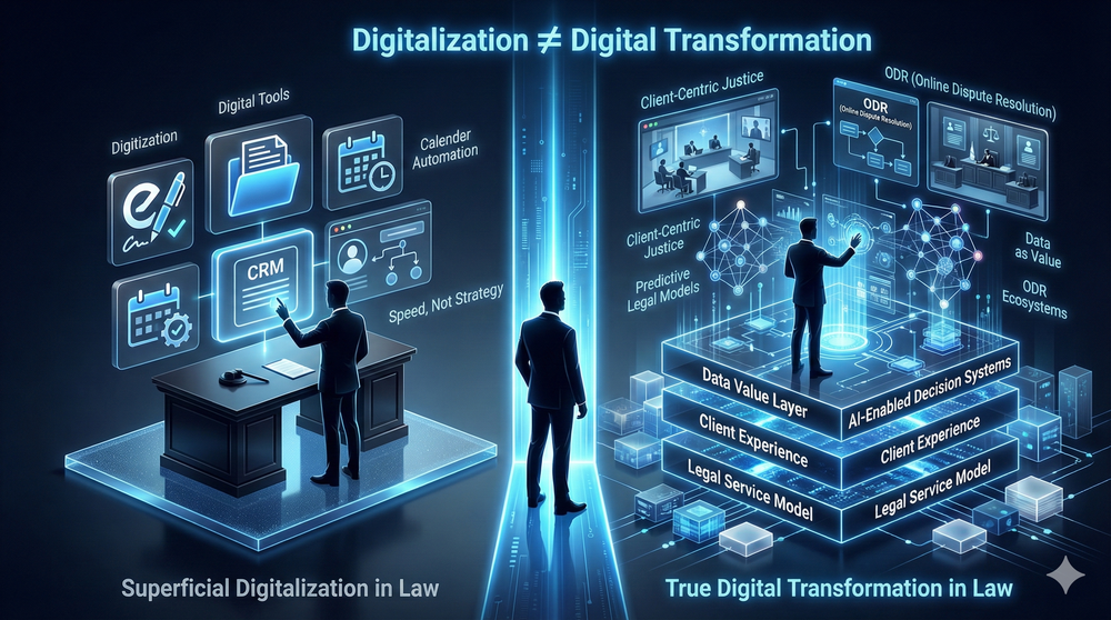 "Hukuk sektöründe basit araç kullanımına dayalı yüzeysel dijitalleşmeyi, yapay zeka ve veri destekli, derinlemesine dijital dönüşümden ayıran görsel bir karşılaştırma."