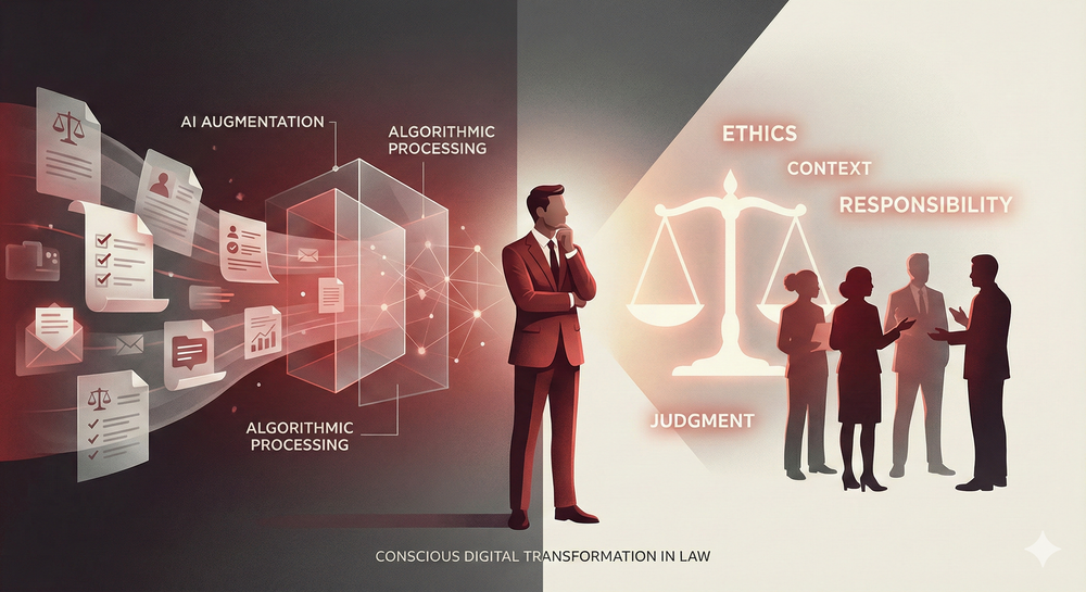 Merkezde düşünen bir avukat; sol tarafta yapay zeka algoritmalarına akan rutin belgeler, sağ tarafta ise etik, bağlam ve sorumluluğu temsil eden ışık saçan bir adalet terazisi ve insan silüetleri.