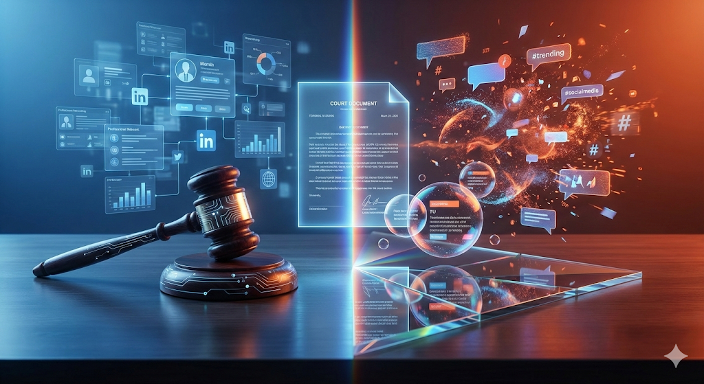 Yankı Odaları ve Hukuk" konusunu simgeleyen illüstrasyon. Merkezdeki net bir mahkeme ilamı, dijital bir kırılma ile iki farklı gerçekliğe bölünmüş durumda: Sol panelde kurumsal ve analitik bir "mavi" ekosistem, sağ panelde ise duygusal ve kaotik bir "turuncu" sosyal medya ekosistemi yer alıyor. Görsel, aynı hukuki metnin farklı algoritmik filtrelerle nasıl farklı yorumlandığını görselleştiriyor.