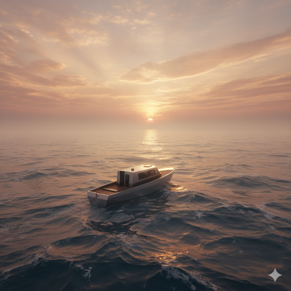 Sisli bir okyanusta gün doğumunda seyreden minimalist bir tekne, yol gösteren parlayan bir pusula ile.