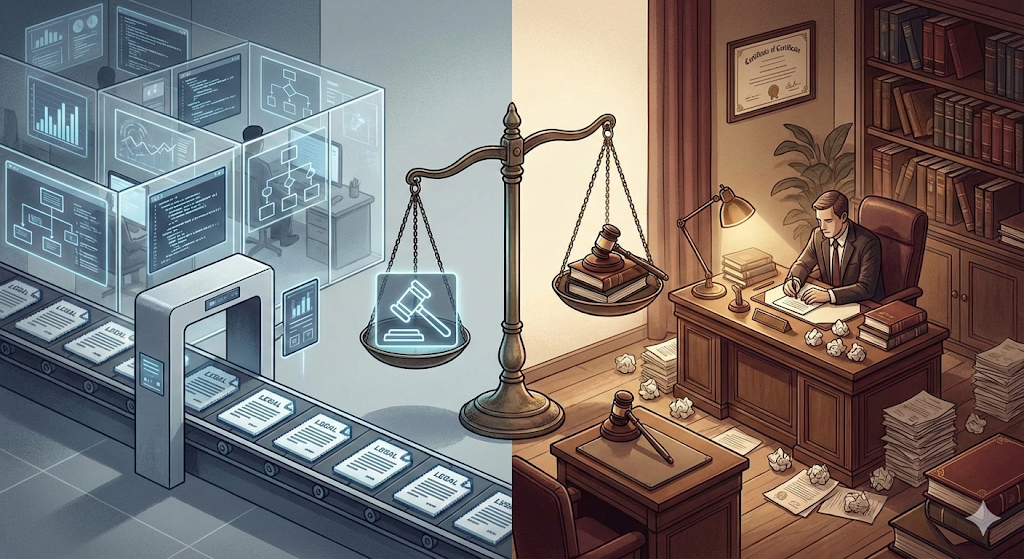 Hukukun geleceğini yansıtan iki parçalı illüstrasyon: Solda otomasyon ve soğuk teknolojinin hakim olduğu seri üretim bir hukuk ortamı, sağda ise geleneksel ve sıcak tonlarda insani bir hukuk bürosu; merkezde etik dengeyi simgeleyen hafifçe eğilmiş bir adalet terazisi.