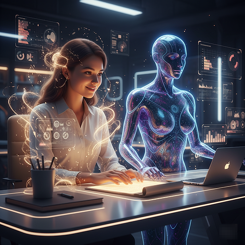 İlham verici, sinematik bir dijital sanat eserinde, bir girişimci ile holografik bir yapay zeka formunun, insan sezgisi ve makine hassasiyetinin uyumunu simgeleyen parlak bir masada birlikte çalışması.