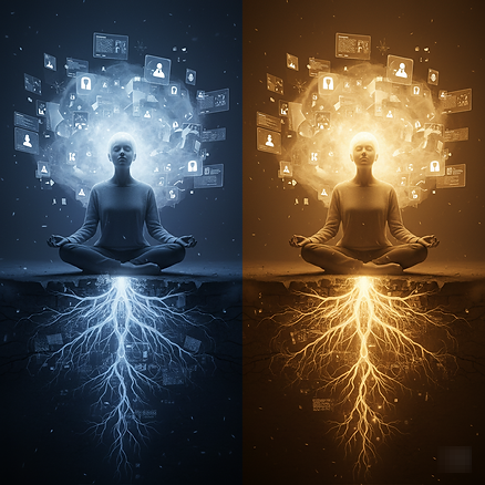 Solda soğuk tonlarda kaotik bir dijital veri bulutu, sağda ise sıcak altın rengi bir ışıkla çevrili, meditasyon yapan sakin bir insan figürü.