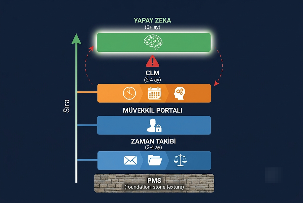 Hukuk bürosu teknoloji yığınının beş katmanlı bina metaforu: temelde PMS, üstte yapay zeka