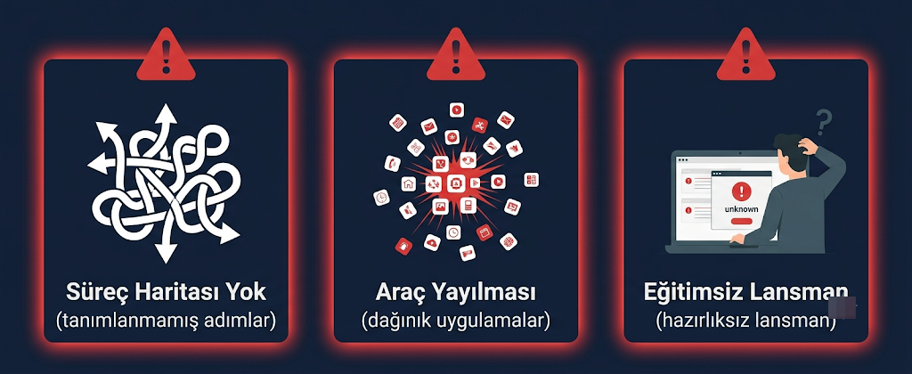 Hukuk bürolarının teknoloji yatırımında en sık yaptığı üç hata: süreç haritası eksikliği, araç yayılması, eğitimsiz lansman