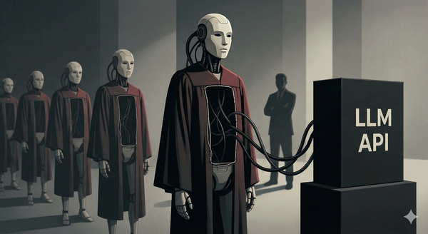 LLM API" kutusuna kablolarla bağlı, içi boş ve hukuk cüppesi giymiş bir robotu gösteren, yapay zeka girişimlerindeki yüzeyselliği eleştiren kavramsal illüstrasyon.