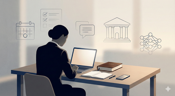 Masasında çalışan ve düşünen bir hukuk profesyonelinin silüet çizimi.